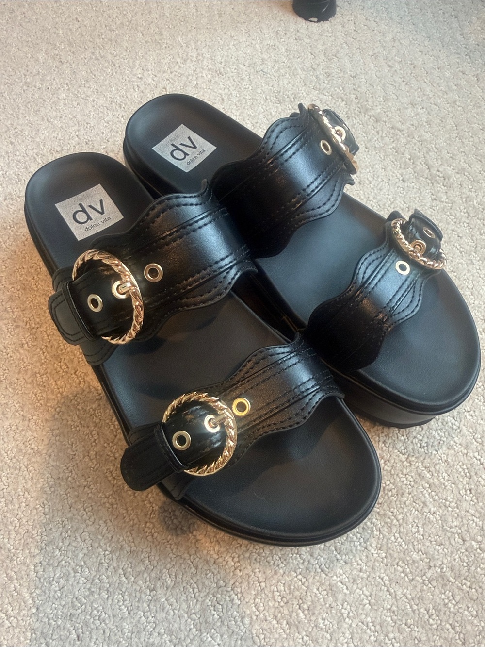 DV by Dolce Vita Black Slide Sandals with Rope-Textured Gold Buckles